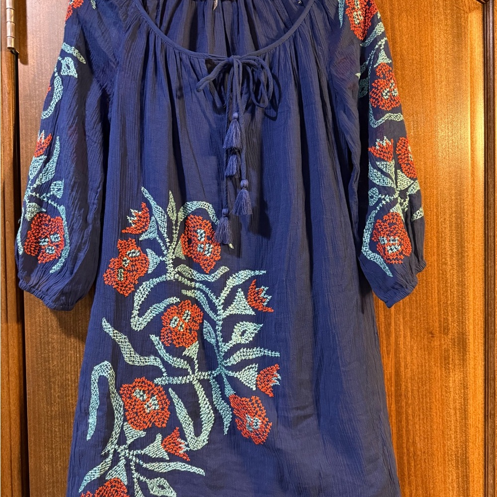 Trina Turk Blue Blouse with Red and Green Floral Design